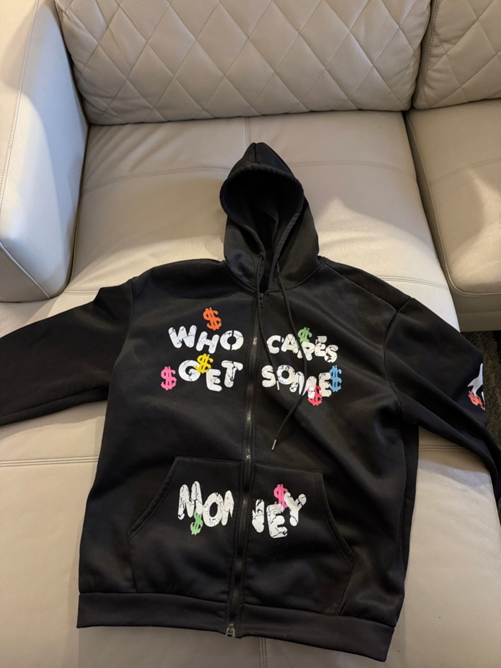 Kids Black Graphic Zip-Up Hoodie with Colorful Dollar Print